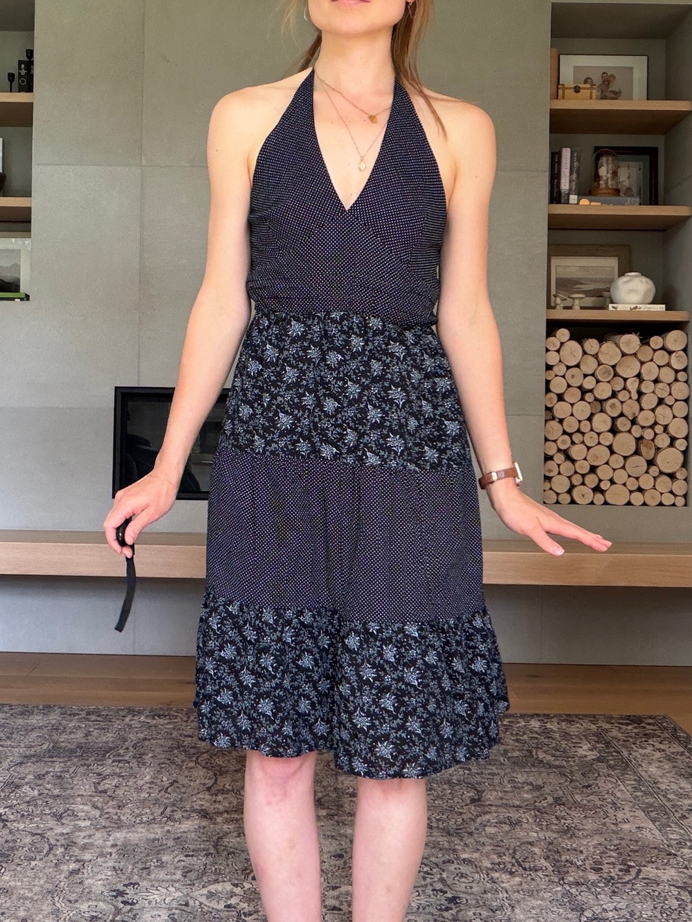 Vintage cotton Black Polka Dot and floral Halter dress medium - Picture 3 of 14